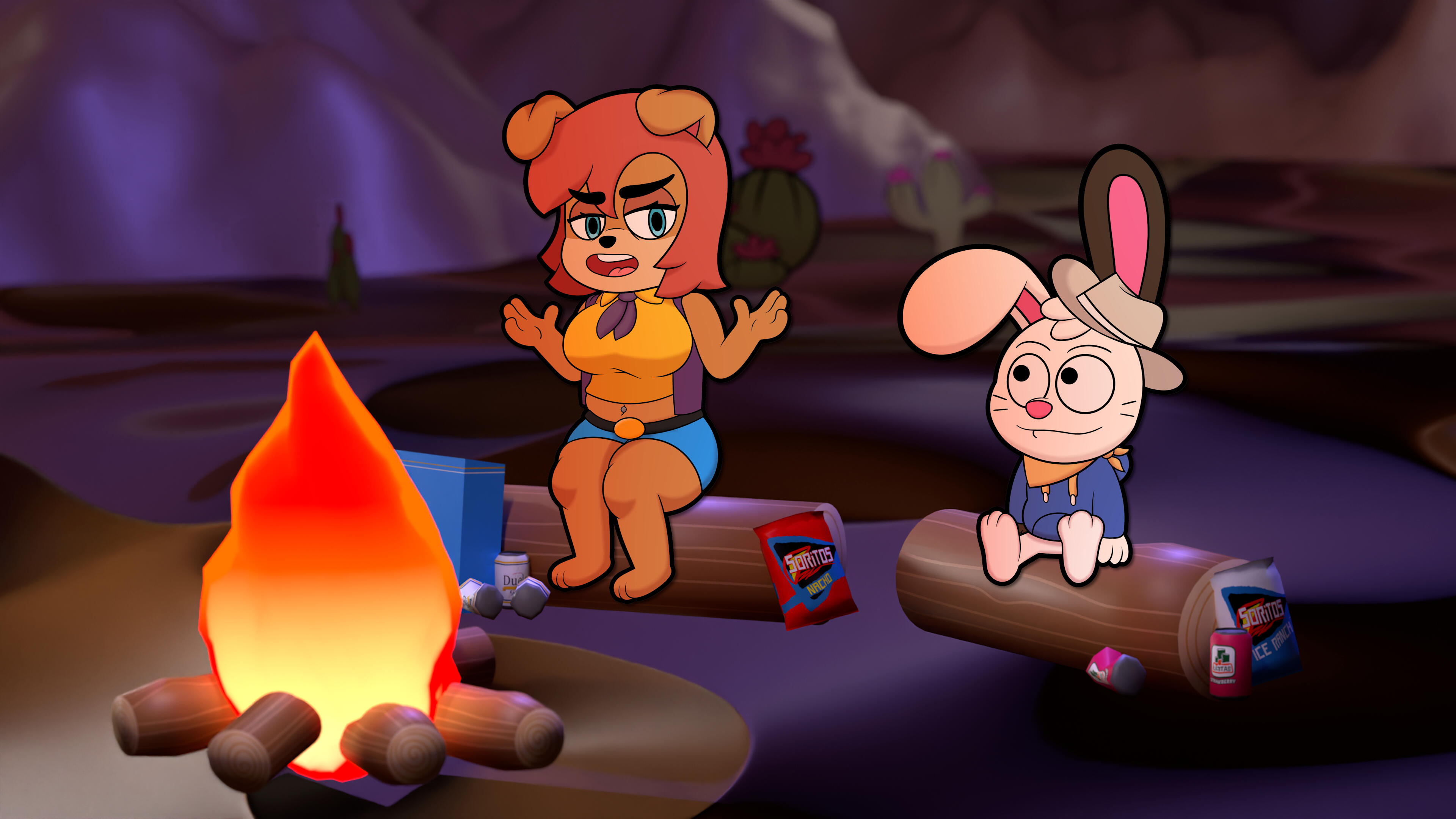 Doven and Samantha talking near a campfire